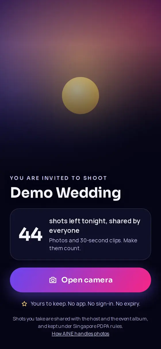 1. The join screen shows your event, the shots left and one big button.