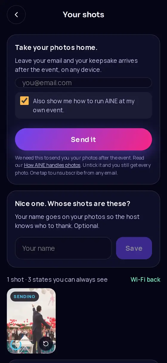 4. Your shots: keepsake sign-up, name and every shot's status.