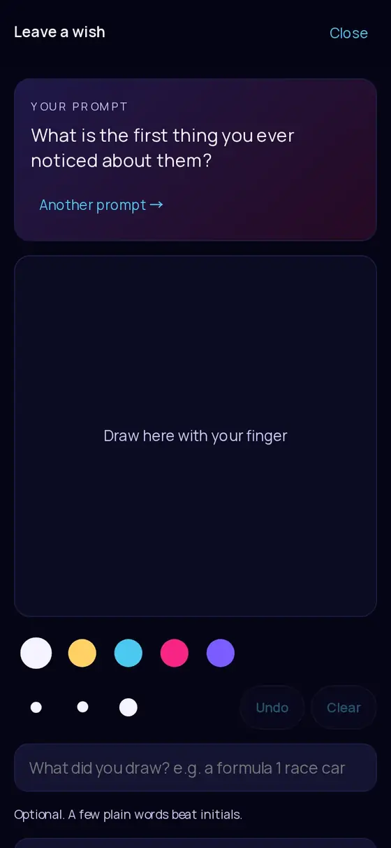 The wish studio: a prompt, a drawing canvas, words and an optional voice note.