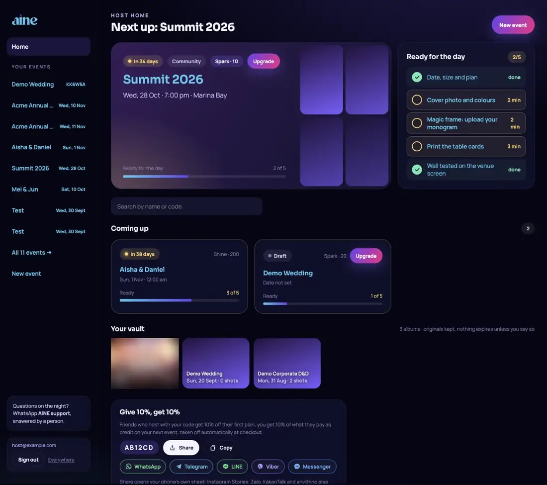 Host home: your next event, the readiness checklist, upcoming events and your vault of past events.
