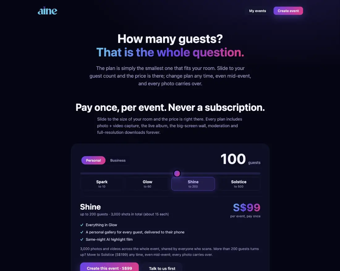 The price planner at aine.cam/pricing: slide to your guest count.