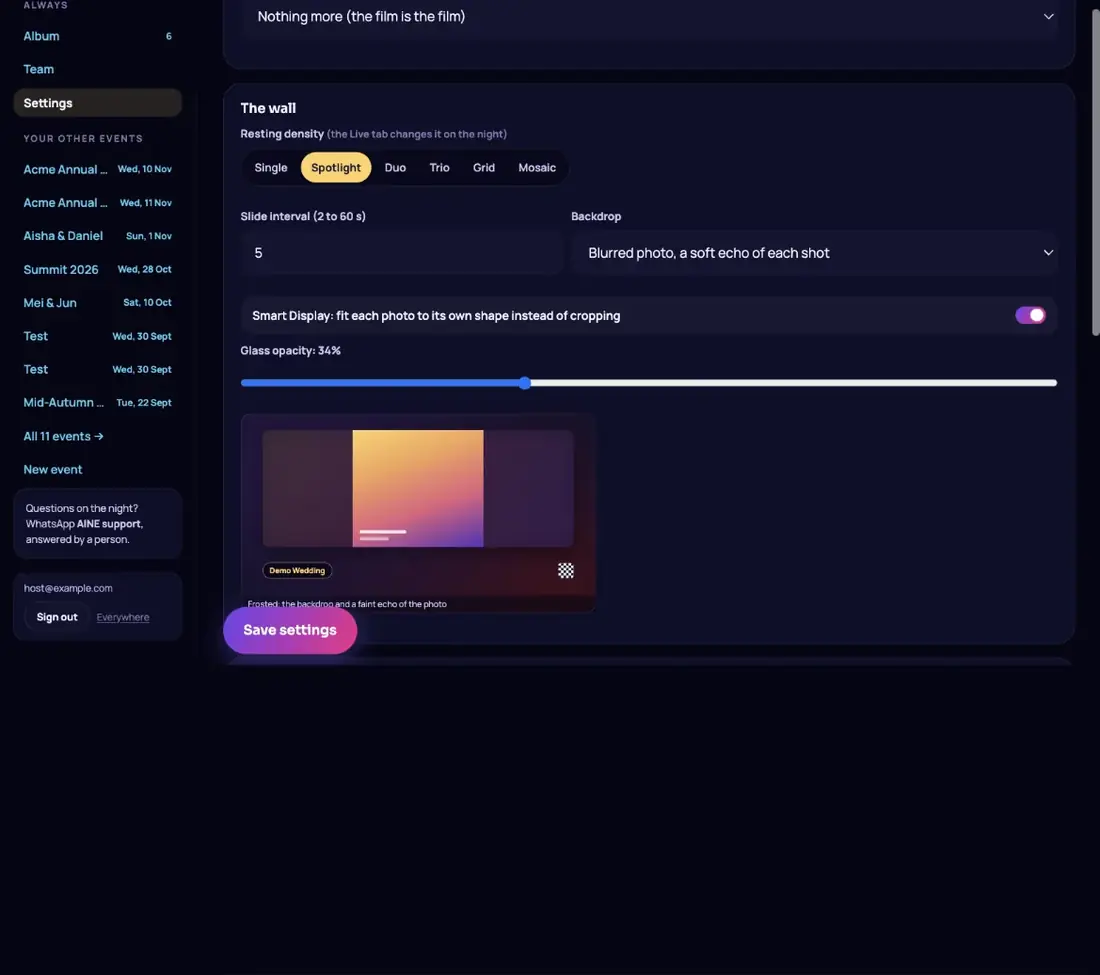 The event section, here with details already locked.